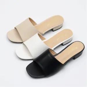 여성용 심플 무지 사각코 낮은 굽 슬리퍼 샌들