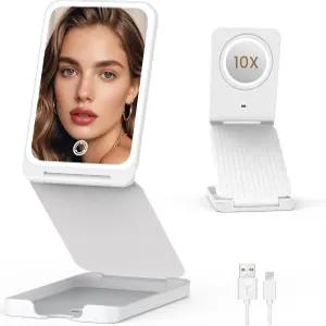 램프픽 여행용 메이크업 미러 10배 배율의 접이식 1배니티 라이트 충전식 1500mAh 디밍 가능한 터치 스크린