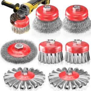 4-1/2인치 앵글 그라인더용 BURMONG 7 PCS 와이어 휠 브러시 탄소강 매듭 및 압착 컵용 /휠 브러시(3인치