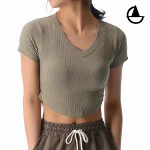 [그리니치]골지 크롭티셔츠 브이넥 반팔 필라테스 요가복 nr04