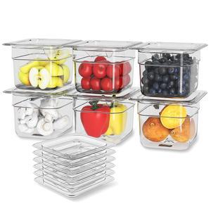 뚜껑이 있는 HNEDSEN 6팩 플라스틱 푸드 팬 1/6 사이즈 4인치 깊은 레스토랑 투명 식품 저장 용기 과일 채소 콩 옥수수용 폴리카보네이트 상업용 호텔 팬(6개 PCS, 깊이)