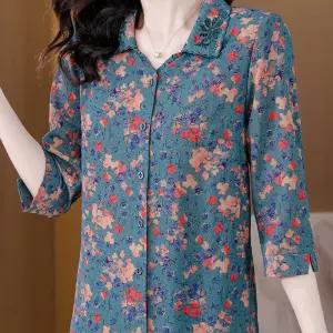 루즈핏 프린트 여름블라우스 중년 린넨셔츠 티블라우스