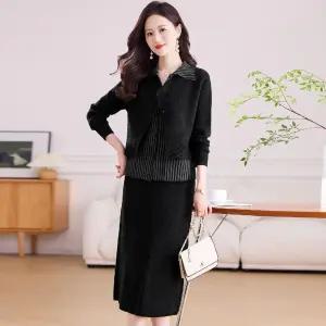 여자정장세트 세트 원피스 추동 긴팔 터틀넥 배색 니트 스커트 투피스 원템4