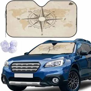 BLDKORUER 컴퍼스 앞유리 햇빛 가리개 구세계 지도 해상 어코디언 접이식 오토 선쉐이드 차량용 SUV -