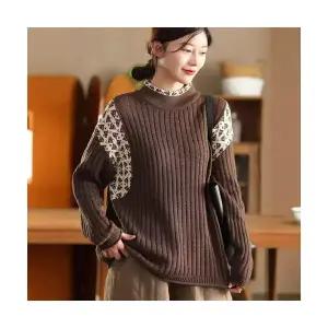 EAMT 여성 겨울 코사지 반폴라 면사 니트 긴팔 풀오버 스웨터 YJ4