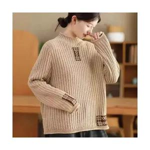 EAMT 여성 겨울 빈티지 프린트 면사 니트 스웨터 반폴라 긴팔 풀오버 상의 YJ4