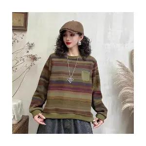 EAMT 여성 기모 맨투맨 겨울 빈티지 캐주얼 스트라이프 라운드 톱 YJ4