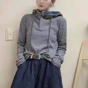 EAMT 여성 스트라이프 맨투맨 겨울 스트링 후드 긴팔 상의 YJ4