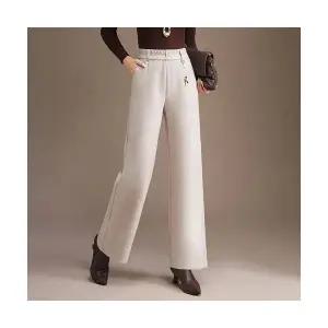EAMT 여성 모직 슬림 와이드 오피스룩 일자 바지 겨울 허리 밴딩 캐주얼 YJ4