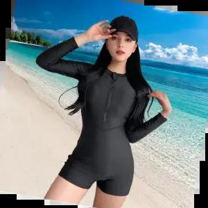 전신수영복 여성 여름 올블랙 전신 긴팔 반집업 반바지 래쉬가드