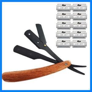 1 핸들 + 10/20 블레이드 나무 남자 면도 이발사 도구 헤어 면도기 접이식 면도 칼 스테인레스 스틸 스트레