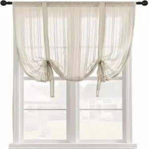 Gxi 베이지 스트라이프 시어 커튼 타이업 주방 욕실 로드 포켓 농가용 풍선 거실용 린넨 보일 밸런스 작은