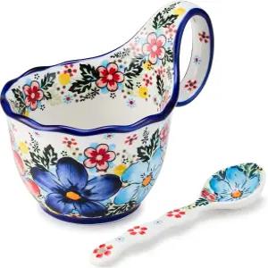 Cteaffee 세라믹 수프 컵 및 그릇 손잡이 - 숟가락 포함 18온스 핸드페인팅 장식용 오버사이즈 도자기