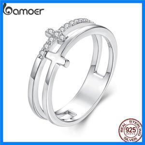 BAMOER 더블 크로스 반지 925 스털링 실버 Moissanite Stackable Statement Promise Rings 여성용 신앙 희