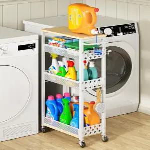 OKZEST 롤링 슬림 수납 카트 4단 좁은 욕실 세탁실 정리 나무 상판이 있는 금속 주방 이동 선반 유닛