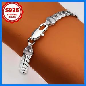 여성을위한 뜨거운 귀여운 925 스털링 실버 5mm 쿠바 체인 팔찌 남성 레이디 남성 20cm 8inch 웨딩 파티 선