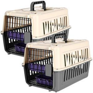 Fiwochic 2세트 매트 방문용 애완동물 강아지(그레이 와이어 그릴 휴대용 통기성 화이트) 보울 및 작은 도어 캐리어, 여행용 개 산책 하드 캣 캐리어 캠핑 플라스틱 수의사