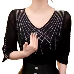 여성 라인댄스복 7부 무용 상의 소매 블랙 프릴 메쉬 댄스복