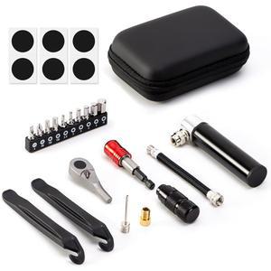 EmerK 자전거 수리 도구 키트 u2013 멀티 키트 미니 펌프 래칫 리버서블 10개의 비트 타이어 레버 캠핑 여행용 휴대용 가방 포함