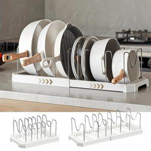 주방 캐비닛 또는 싱크대 아래를 위한 실라니트 확장형 냄비 및 팬 정리함, 7개의 칸막이가 있는 조절식 뚜껑 홀더, 세입자를 공간 절약형 수납공간, 소형 주택, 바쁜 요리사, 흰색
