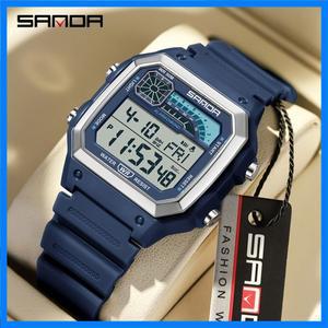 SANDA 남성용 캐주얼 스포츠 시계 경량 스퀘어 클래식 패션 LED 전자 야간 발광 방수 남자 시계