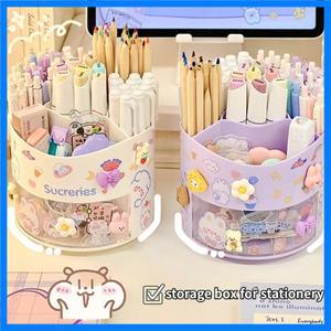 귀여운 회전 펜 홀더 데스크탑 서랍 편지지 상자 케이스 학교 사무실 책상 Kawaii 편지지 보관 상자 주최자