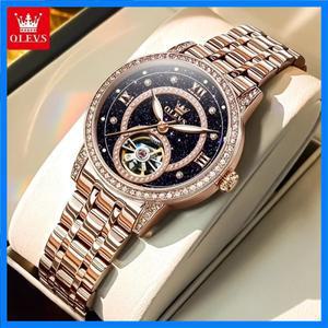 OLEVS 중공 여성용 시계 완전 자동 기계식 시계 럭셔리 다이아몬드 상감 별이 빛나는 하늘 우아한 여성 브