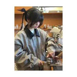 키체샵 남성 바람막이 점퍼 운개미 올오버 체크 코트 해링턴 가죽 칼라 재킷 봄가을 HO3