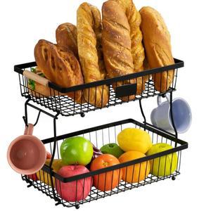 바나나 행거 2개가 있는 FRUVAN 2단 과일 바구니, 나무 손잡이가 주방 카운터용 그릇, 야채 빵 스낵 농산물 보관을 위한 탈착식 대용량 홀더 스탠드