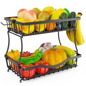 주방 조리대용 Zurk 대형 2단 과일 바구니, 바나나 걸이 2개, 야채 빵 간식용 보호 매트가 있는 금속 그릇, 조리대 정리함 u2013 블랙, 14.5인치 W x 9.5인치