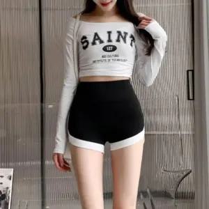 여성용 하이웨이스트 반바지 레깅스 운동복 2컬러 레깅스 복부보정 배색 반바지