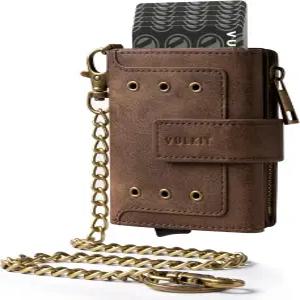 체인으로 보호되는 벌킷 남성 지갑 RFID 팝업 신용카드 이젝터 케이스 ID 창 동전용 지퍼 포켓 및