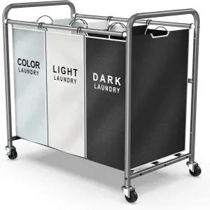 로문 세탁 분류기 3 섹션 바퀴가 달린 분리 바구니 대용량 롤링 및 탈착식 가방 가족 세탁을 위한 멀티컬러