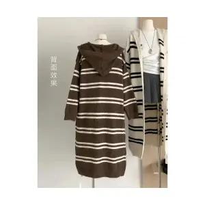 여자 후드 가디건 카디건 빈티지 스트라이프 니트 가을 겨울 보들보들 롱 BE4