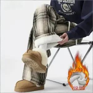 남자바지 면린넨 북극 기모 체크 캐주얼 바지 겨울 스트레이트 따뜻한 스키 면 힛템