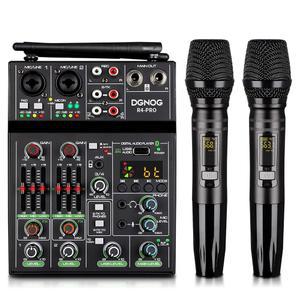 [미국배송] 전문 오디오 믹서 듀얼 무선 마이크가 장착된 4채널 사운드 보드 콘솔 MP3 블루투스 48V 팬텀 파워 USB 인터페이스 DJ 믹싱 가정용 노래방 파티 컴퓨터 스튜디오 녹음용