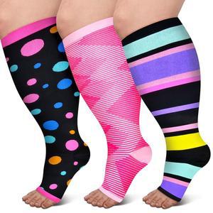 여성용 PAMAID 오픈 발가락 압박 양말 3켤레 발가락 없는 양말 넓은 종아리 무릎 높이 지지대 양말