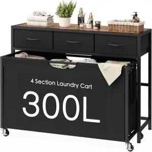 세탁 분류기 4개의 섹션 풀아웃 백이 있는 롤링 바구니 서랍 3개가 300L 대형 정리기 세탁실 정리를 위한