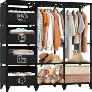 조풀러 휴대용 옷장 간편한 조립 대용량 견고하고 안정적인 옷걸이 선반 4개의 수납 바구니와 2개의