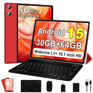 UJJ 2025 키보드 포함 안드로이드 15 태블릿 10인치 태블릿, 30GB+64GB+1TB 확장, 6000mAh 배터리 옥타코어 HD IPS 디스플레이, 5G WiFi, 스플릿 스크린, 와이드바인 L1 - 빨간색
