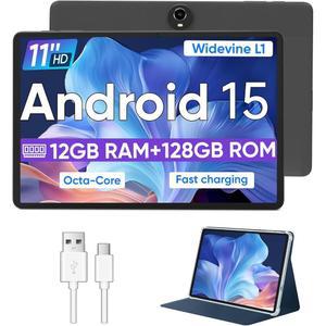 WXUNJA 안드로이드 15 태블릿, 옥타 코어 프로세서가 탑재된 11인치 12GB RAM 128GB ROM 1TB 확장, 와이드바인 L1, 8000mAh 배터리, 2.4/5GHz 듀얼 WiFi /GPS /FM, 5/8MP 카메라, 케이스 포함, 블랙