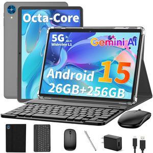 키보드가 있는 안드로이드 15 태블릿, 26GB RAM+256GB ROM(2TB 확장), 8000mAh 배터리가 10인치 2.4G/5G WiFi, BT 5.0, 5MP+13MP 듀얼 카메라, 제미니 AI, 옥타코어, 마우스, 스타일러스, 케이스(블랙 케이스)