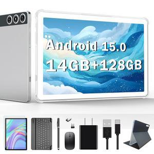 2025 최신 안드로이드 15 태블릿, 128GB 저장 용량 14GB RAM 1TB 확장형 10인치 키보드 지원 5Ghz WiFi/블루투스 5.0, 옥타코어 프로세서, FHD IPS 화면
