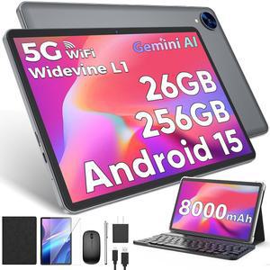 키보드가 있는 Android 15 태블릿, 26GB RAM, 256GB ROM(2TB 확장), 옥타코어가 10인치 8000mAh 배터리, 2.4G/5G WiFi, BT 5.0, 5MP+13MP 카메라, 제미니 AI, 케이스, 마우스, 스타일러스(블랙 케이스)