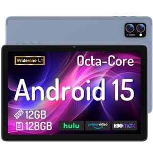 렉트러스 태블릿 10.1인치 안드로이드 15-12GB+128GB 옥타코어 WiFi 태블릿, HD 터치스크린, 듀얼 카메라, 긴 배터리 수명, 읽기 및 스트리밍을 위한 2025년 대형 스크린