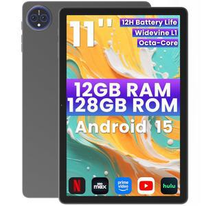 태블릿 11인치 안드로이드 15 태블릿, 12GB+128GB+2TB 확장형, 2년 보호, 옥타코어, 게임용 터치스크린 전자 학습용, 8000mAh 대용량 배터리, Wi-Fi 및 BT 5.0, 그레이