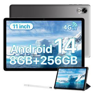유미디기 안드로이드 태블릿 11인치 G9 탭 잠금 해제 셀룰러 태블릿, SIM 카드 슬롯 4+4GB RAM 256GB ROM 1TB 7200mAh 18W 고속 충전, 케이스, GPS, FM, WiFi, 4G 그레이