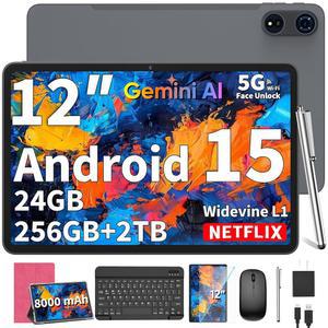 2026 12인치 태블릿, 키보드가 탑재된 안드로이드 15개 24GB+256GB+2TB 확장, 2K 디스플레이, 5G WiFi가 태블릿 PC, 옥타코어, 8000mAh, BT5.0, GMS, GPS, 케이스, 마우스, 스타일러스(핑크)가 1개 중 2개