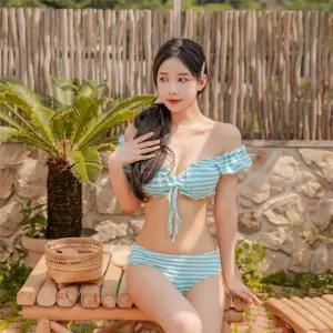 레몬 블루 슈거 스트라이프 오프 프릴 튜브탑 3피스 비키니 no.390