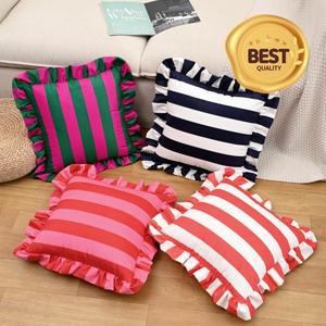 100% 호환 북유럽 줄무늬 인쇄 쿠션 커버 부드러운 네덜란드 벨벳 프릴 가장자리 베개 장식 4545cm 소파 용